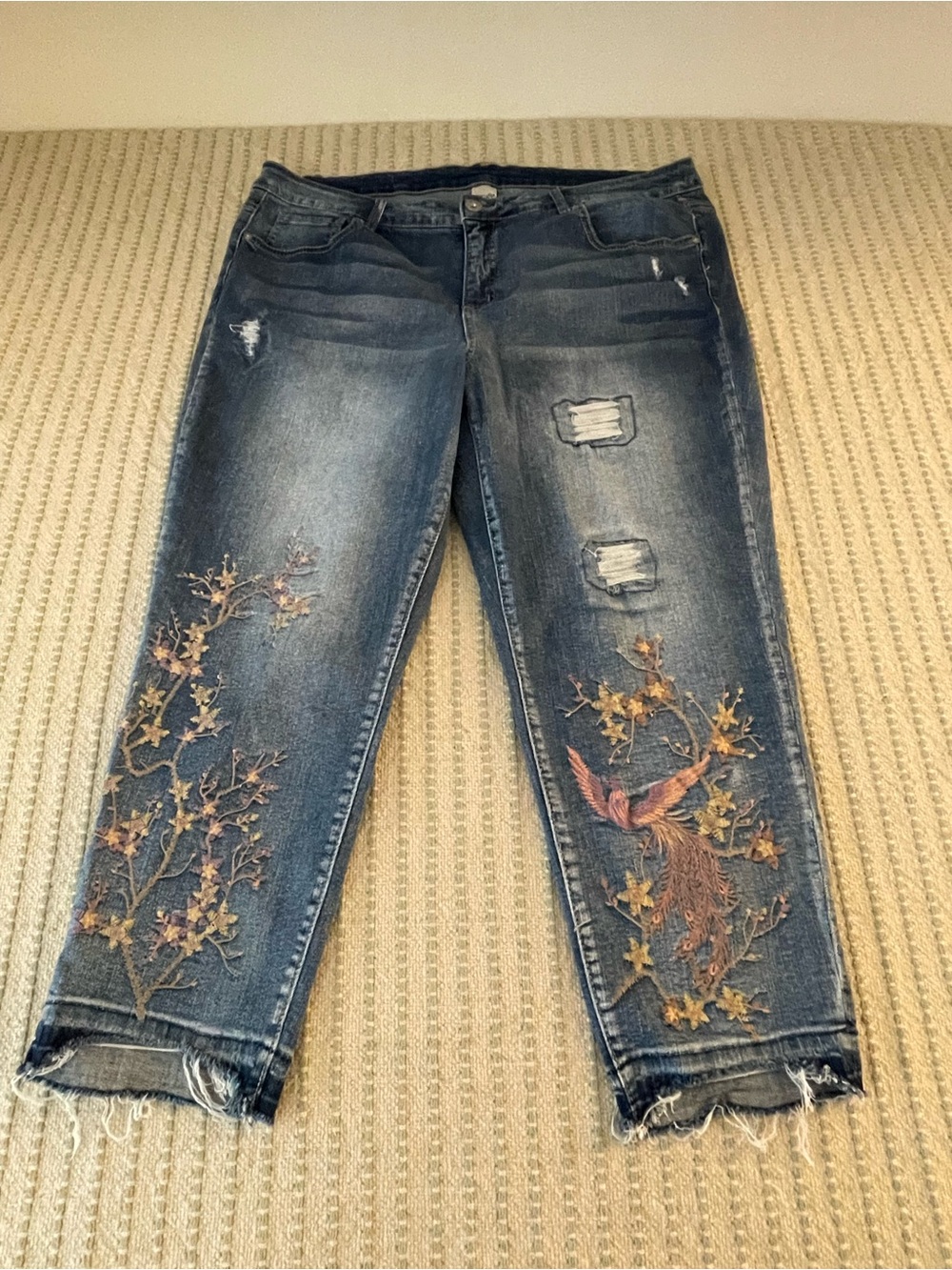 Terra & Sky Distressed Embroidered Blue Jeans - Size: 18W